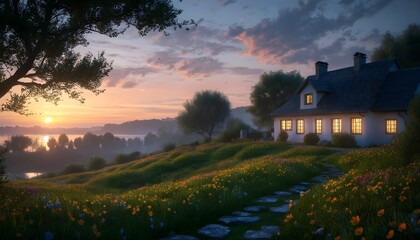 Wall Mural - Charming countryside scenery with a delightful house embraced by vibrant trees and a tranquil landscape beneath a vivid sky