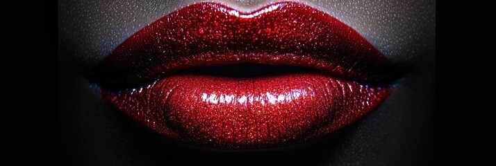 Poster - Close-up of vibrant, glossy lips displaying a shiny red finish against a dark background. Generative AI