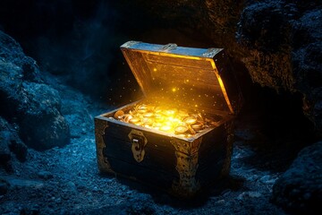 A treasure chest with glowing light in the deep of a beautiful underground cave --ar 3:2 --quality 2 --v 6.1 Job ID: f3b26cdb-3dc2-4026-bfeb-a6a3f9ad7a33