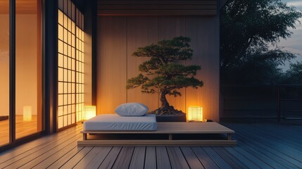 A minimalist with simple wooden furniture, a small bonsai tree, and soft lighting for a peaceful outdoor retreat