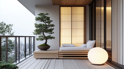 Wall Mural - A minimalist with simple wooden furniture, a small bonsai tree, and soft lighting for a peaceful outdoor retreat