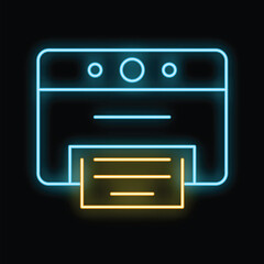 Sticker - Neon printer icon glowing on a black background, great for technology and office concepts