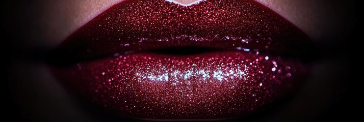Poster - Glossy close-up of vibrant, shiny lips reflecting light in an artistic display of color and texture during evening beauty routine. Generative AI