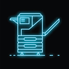 Poster - Neon blue glowing outline of an office multifunction printer standing on a dark background