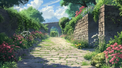 peaceful anime theme of the romantic bricks road