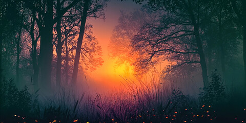 Poster - A forest with trees and a sun setting in the background