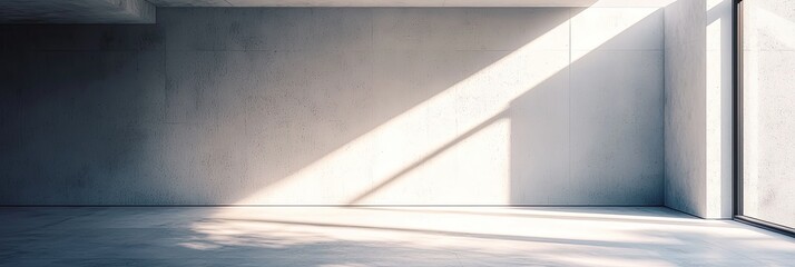 A minimalist empty room featuring natural sunlight reflections on the white walls and tiled floor, creating a serene, open atmosphere