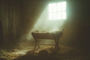 nativity. empty wooden cradle with light rays coming through the window.