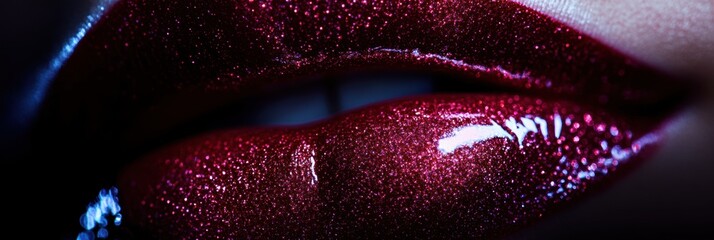 Poster - Close-up view of glossy lips showcasing a vibrant, shiny finish in a dramatic lighting setting. Generative AI