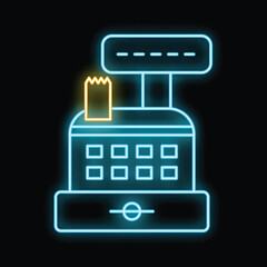 Poster - Glowing neon line cash register machine with a check icon isolated on black background. Concept illustration