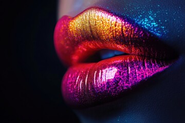 Aufkleber - Close-up of glossy lips in vibrant shades showcasing a shiny finish against a dark background. Generative AI
