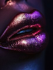 Poster - A close-up view of glossy lips with a vibrant shiny finish showcasing rich colors and a captivating shine in a dimly lit setting. Generative AI