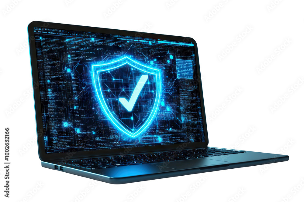 Computer Security Water Mark Laptop screen displaying cybersecurity shield symbol, isolated on ...