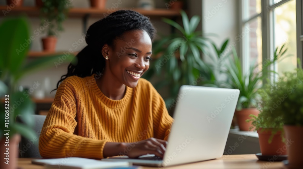 Happy black woman working home office with her laptop Stock Photo ...