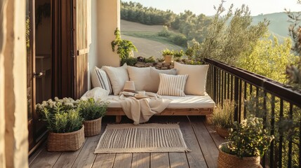 Wall Mural - A rustic with wooden planks, cozy cushions, and potted herbs, creating a serene countryside retreat