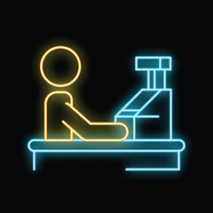 Poster - Neon icon of a cashier working behind the checkout counter with a cash register
