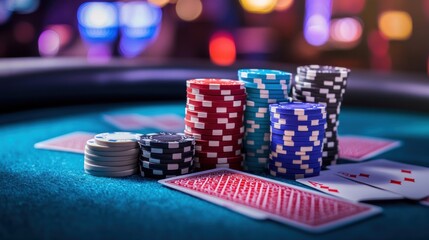 A colorful casino poker table with stacked chips and playing cards in a lively gaming atmosphere at night. Generative AI