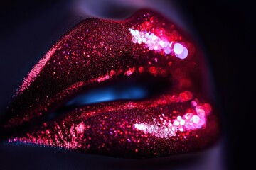 Poster - A captivating close-up of glossy lips adorned with vibrant, shiny glitter in an artistic, dramatic lighting environment. Generative AI
