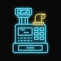 Poster - Glowing neon cash register showing payment processing for retail purchases in stores
