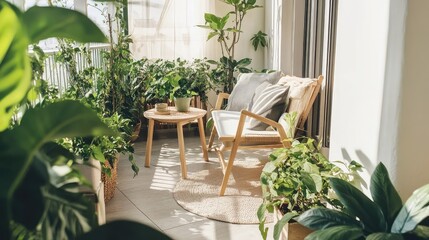 Wall Mural - with clean, simple lines, light wooden furniture, and soft neutral tones, surrounded by lush green plants