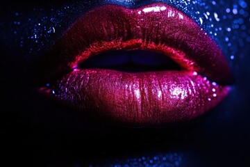 Poster - Close-up of glossy lips showcasing a vibrant, shiny finish against a dark backdrop in an artistic beauty display. Generative AI