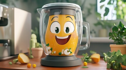 Poster - Playful cartoon blender, with a cheeky smile, whirling ingredients around with gusto.