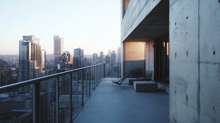 Wall Mural - with concrete walls, metal railings, and minimalist seating, overlooking an urban skyline