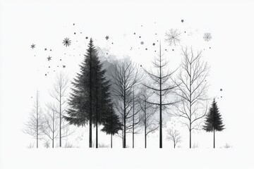 Winter landscape with trees and snowflakes. Digital illustration.