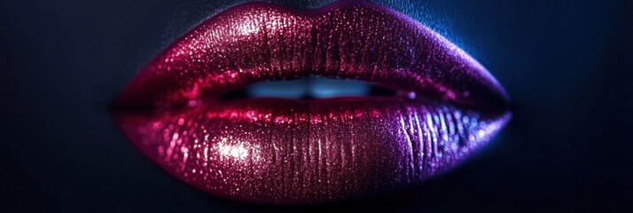 Poster - A close-up view of glossy lips showcasing a vibrant, shiny finish with a captivating gradient in a dark setting. Generative AI