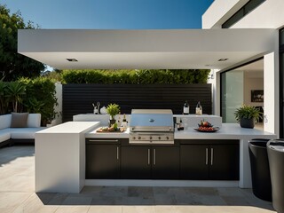 Sleek white outdoor kitchen with BBQ and sink.