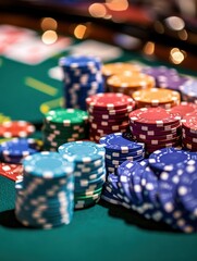 Aufkleber - A colorful casino table filled with vibrant stacks of poker chips during an exciting card game night. Generative AI