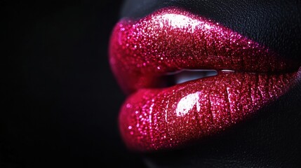 Poster - Close-up of glossy lips showcasing a vibrant finish that radiates allure and style in a dramatic dark setting. Generative AI