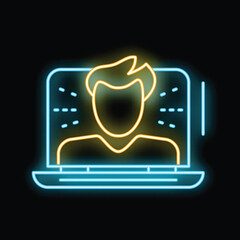 Poster - Neon icon of a man having a video call on a laptop screen, representing remote work and online communication
