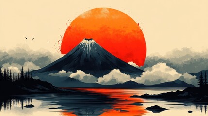 A serene landscape featuring a mountain and a vibrant sunset.