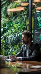 Poster - Businessman Discussing Global Warming Data and Green Initiatives at Conference Table