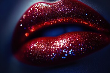 Poster - Glossy and vibrant close-up of shiny lips with sparkling red finish in a stylized setting during evening hours. Generative AI