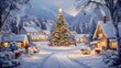 © STGZ. - A snowy village scene with a large Christmas tree in the center, surrounded by warmly lit homes and holiday decorations
