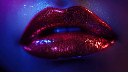 Poster - Close-up view of glossy vibrant lips glowing with shiny finish under dramatic lighting. Generative AI