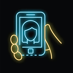 Poster - Neon sign illustration of a hand holding a smartphone with a female face for facial recognition