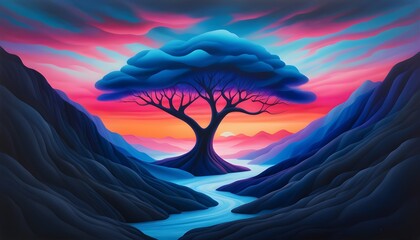 Wall Mural - Surreal digital masterpiece of a giant tree under a vibrant sunset, set in a fantasy landscape filled with glowing elements and twinkling stars