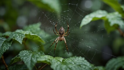Wall Mural - Spider weaving a web among green leaves.