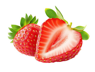 Vibrant strawberry cut in half to reveal juicy red interior and fresh green leaves