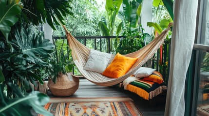 Wall Mural - with a hammock, vibrant cushions, and large leafy plants creating a breezy island escape