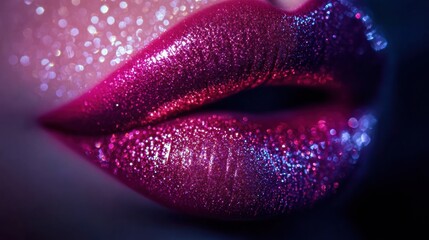 Poster - Close-up of glossy lips showcasing a vibrant, shiny finish with sparkling glitter in a well-lit setting. Generative AI