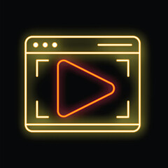 Poster - Neon sign is glowing on a black background showing a play button on a webpage for video streaming