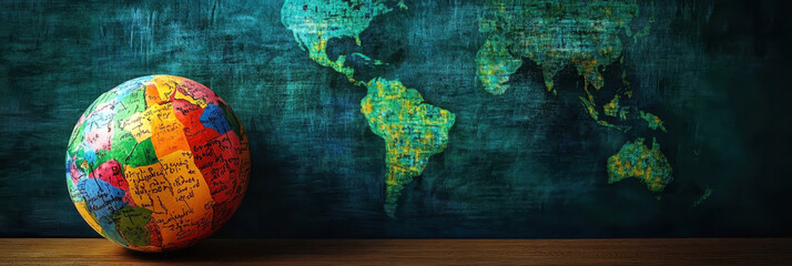 a multi-colored globe with words in different languages against the background of a world map. inter