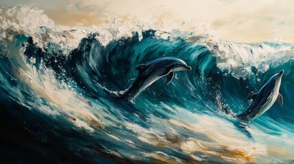 Wall Mural - a close-up of a wave with dolphins visible beneath the surface, their shapes adding a sense of life 