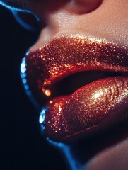 Poster - Close-up of glossy lips with a vibrant, shiny finish showcasing a dazzling effect in an artistic lighting setting. Generative AI