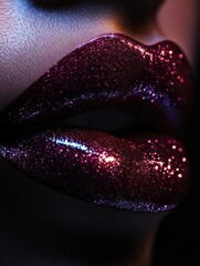 Poster - Glossy lips glisten with vibrant, shiny finish, showcasing a bold beauty look perfect for evening events and glamorous occasions. Generative AI