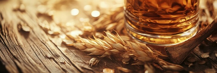 Poster - A close-up view of a rich amber whiskey bottle surrounded by barley on a rustic wooden table with soft lighting. Generative AI